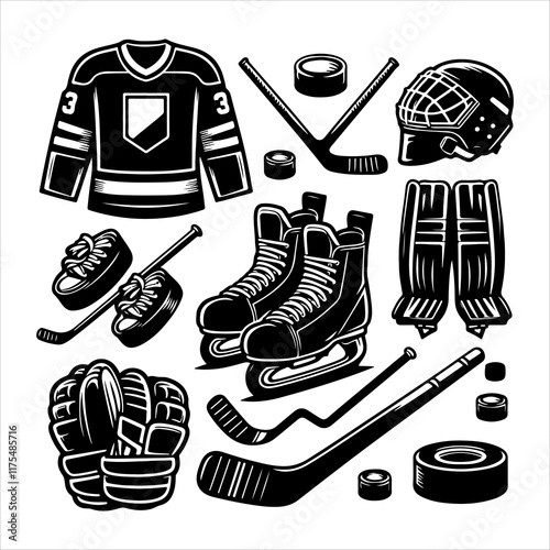 Ice hockey equipment silhouette vector. Hockey elements vector set silhouette illustration 