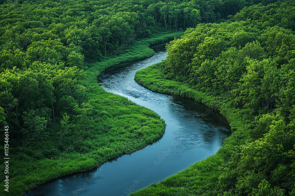 Serpentine River Winding Through Lush Green Forest Serpentine River Winding Through Lush Green Forest