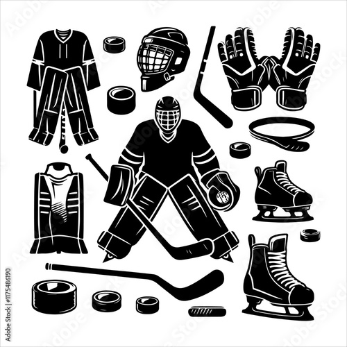 Ice hockey equipment silhouette vector. Hockey elements vector set silhouette illustration  photo