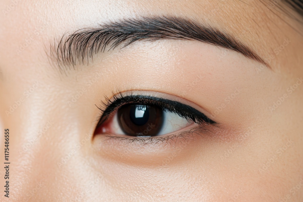 Obraz premium Intense Close-Up Portrait of Asian Woman's Single Eyelid with Flawless Eyeliner Detail Against Gradient Background