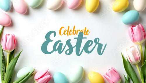 Easter celebration with pastel eggs and pink tulips