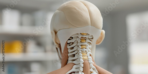 The image shows a detailed anatomical model depicting the human neck and a segment of the spinal cord, intricately illustrating bones and muscles, designed for study.