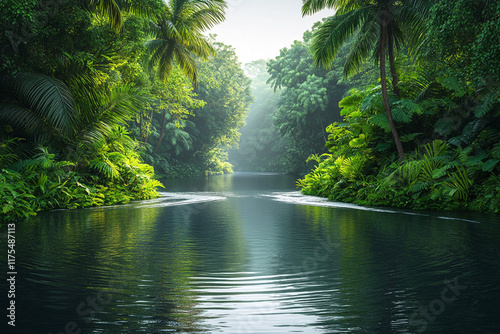 Serene Tropical River Flows Through Lush Green Jungle