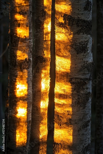 Golden sunlight filters through birch trunks, creating warm, enc photo