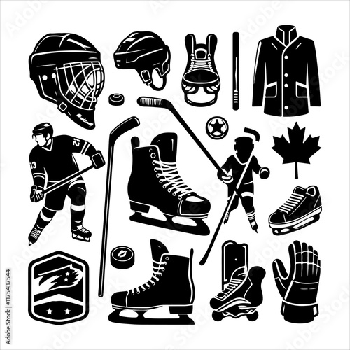 Ice hockey equipment silhouette vector. Hockey elements vector set silhouette illustration 