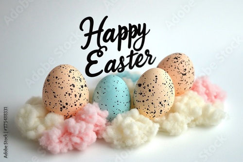 Easter eggs in pastel shades with Happy Easter greetings