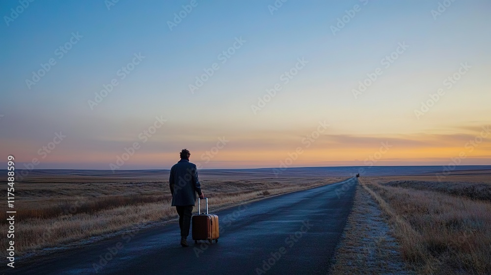 Fototapeta premium Lonely traveler walks down an empty road, carrying suitcase at d