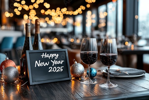 A table with two glasses of wine and a sign that says Happy New Year 2025 photo