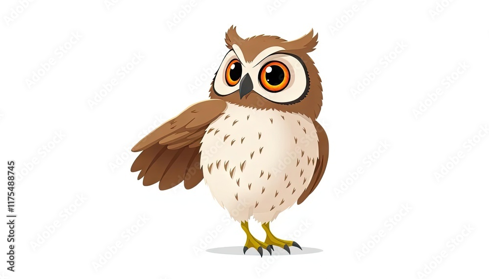 Naklejka premium Cute cartoon owl, posed, against white background, children's book illustration, possible use in educational materials