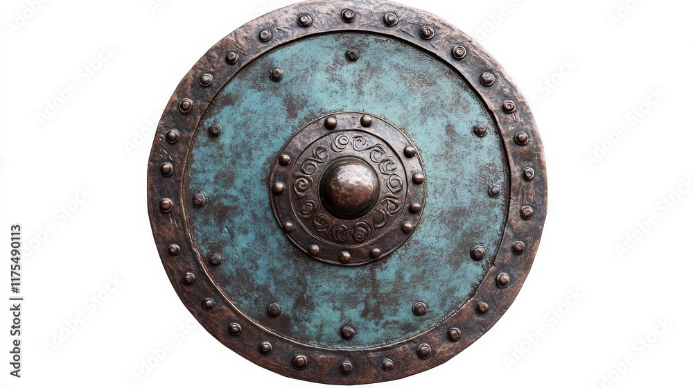 Fototapeta premium Ancient Metal Shield with Decorative Boss on White Background.