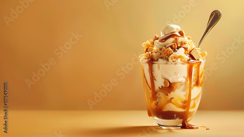 A caramel and peanut butter sundae with a spoon placed on a warm toned background