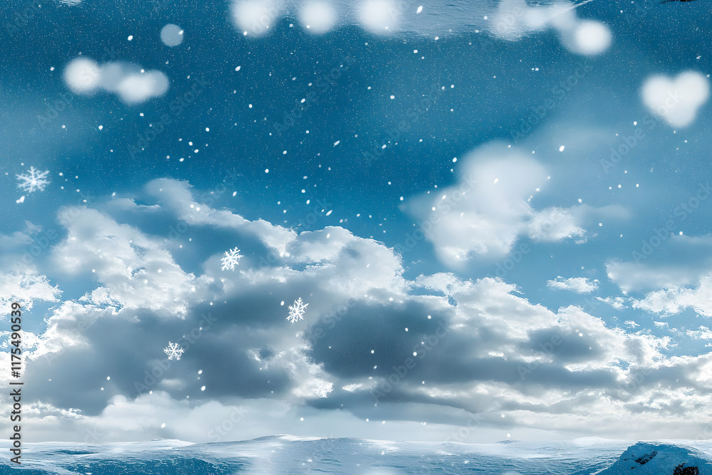 Naklejka premium Blue sky with white fluffy clouds. Snow snowing blizzard storm snowstorm snowflakes snowfall flake. Snowy winter background. Frost cold frozen ice. Christmas Xmas New Year holiday. Dream sleep. Design