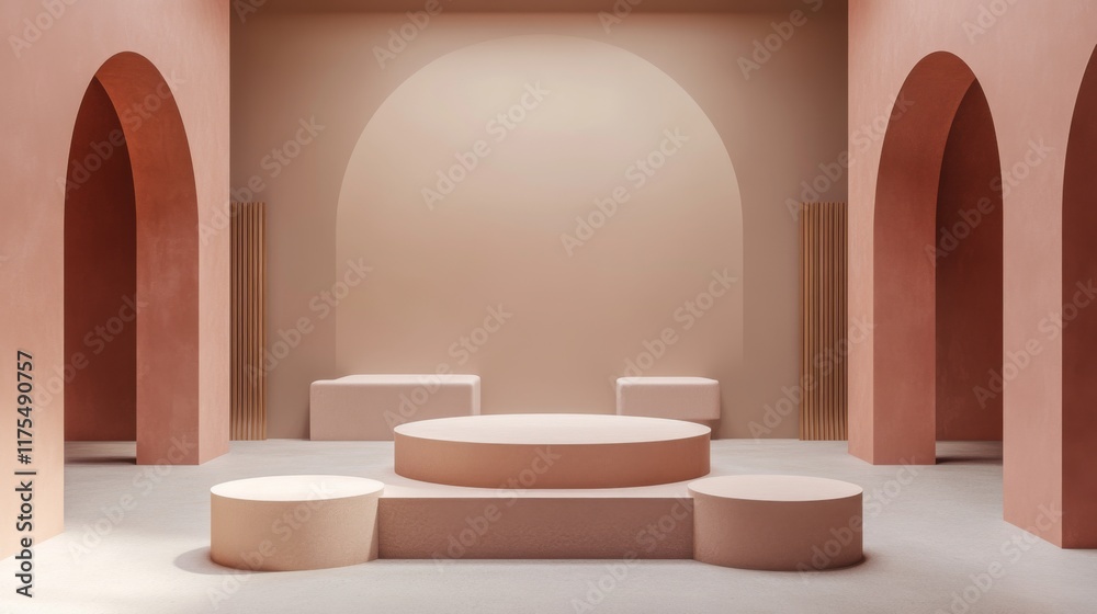 Elegant Minimalist Interior Design with Podiums. Modern Architecture Display Room. Elegant Minimalist Interior Design with Podiums. Modern Architecture Display Room.