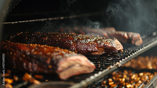 A closeup of a bbq smoker loaded with tender brisket and aromatic wood chips