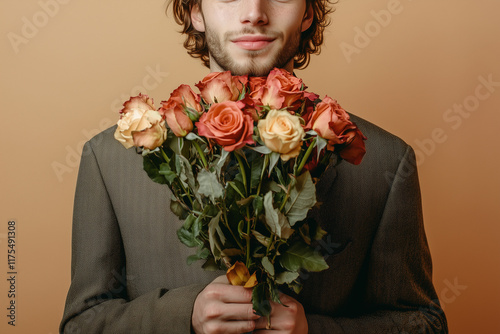 Handsome man with a long face, chiseled jawline, dimple in the chin, dirty yellow smile, ugly teeth, crooked teeth, missing teeth, front view, wearing a tie and elegant Armani suit, holding a Saint Va photo