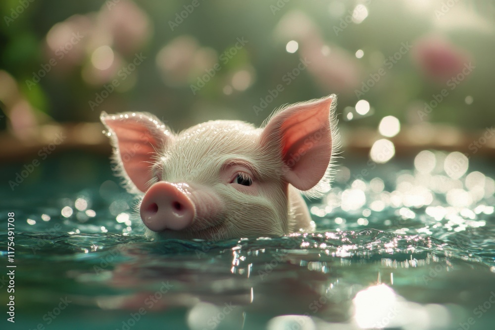 Fototapeta premium Cute baby piglet swimming in the garden pool, looking happy