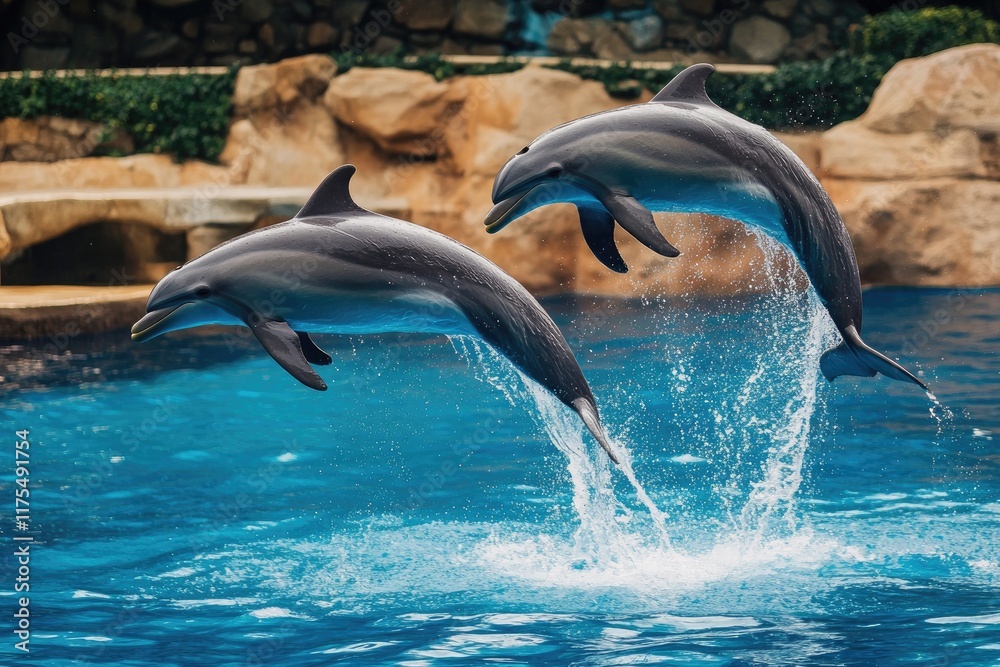 Obraz premium Two Dolphins Leap Gracefully Through Ocean Water