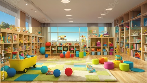 A tidy and well-arranged area filled with kids' toys and books
