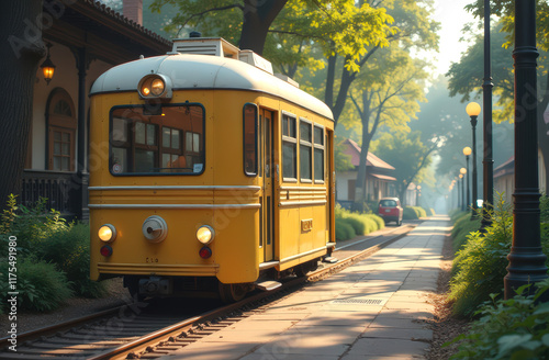 Charming yellow vintage tram on scenic tree-lined street at dawn