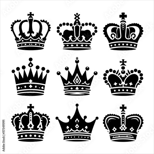 Crown icon set. Crowns logo set silhouette vector illustration 