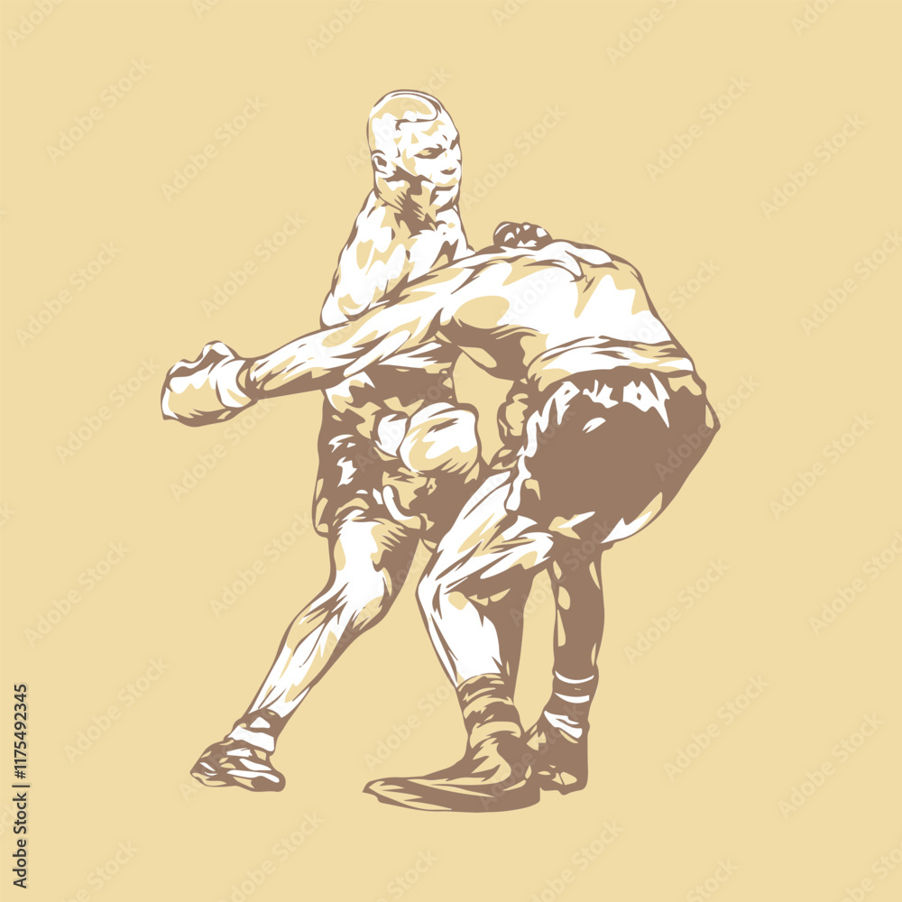 Fototapeta premium Muscular boxers fighting. Vintage style boxer. Muscular boxers fighting 02