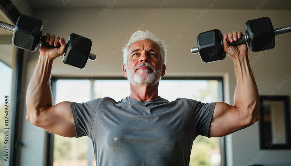 Senior man performing shoulder press with dumbbells Senior man performing shoulder press with dumbbells