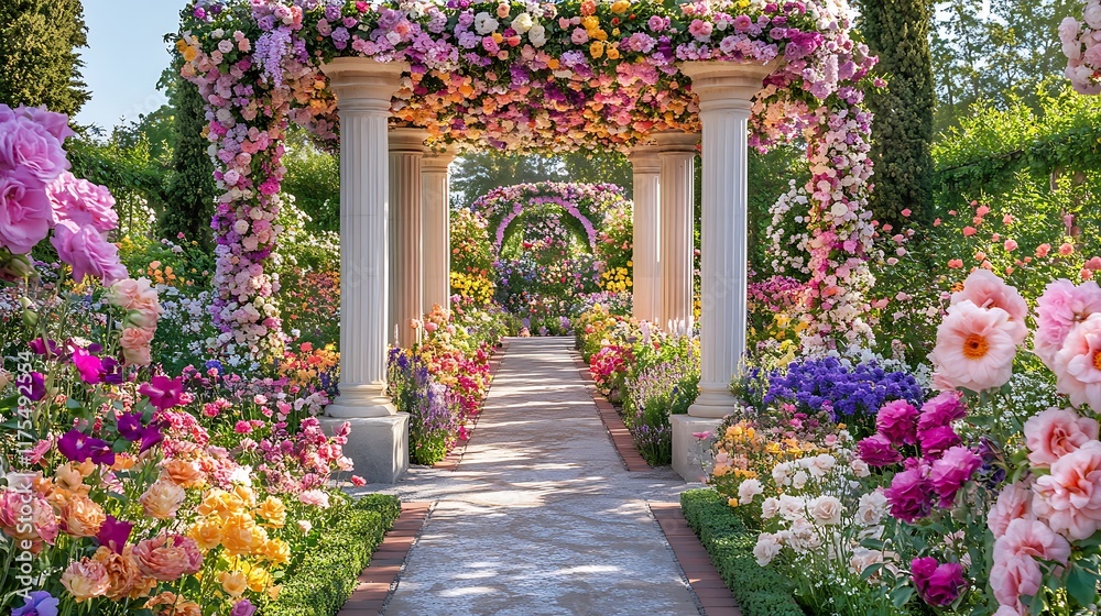 Naklejka premium A radiant garden-inspired setting with colorful flowers creating a seamless backdrop
