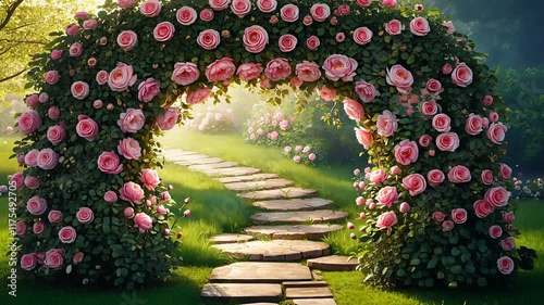 Romantic Garden Pathway with Stone Steps Leading Through a Blooming Rose Archway in Soft Morning Light

 photo