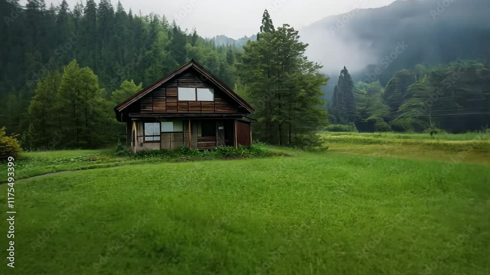 Tranquil countryside landscape with a traditional house surrounded by lush greenery and misty mountains Tranquil countryside landscape with a traditional house surrounded by lush greenery and misty mountains