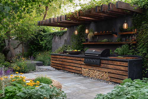 Rustic Outdoor Kitchen Design With Garden Landscaping