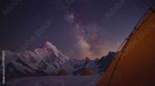 Camping under Milky Way, snowy mountain basecamp at night. photo