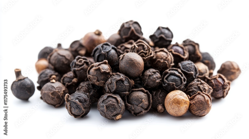 Black peppercorn isolated on clean white background, close-up shot highlighting the texture and details of whole peppercorns for culinary, spice, and food photography concepts Black peppercorn isolated on clean white background, close-up shot highlighting the texture and details of whole peppercorns for culinary, spice, and food photography concepts
