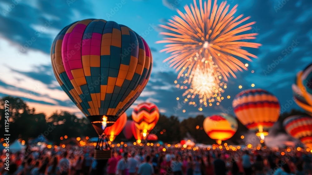 Obraz premium A lively scene featuring colorful hot air balloons illuminated by fireworks, capturing the festive spirit of an outdoor celebration filled with joy, wonder, and festivities.