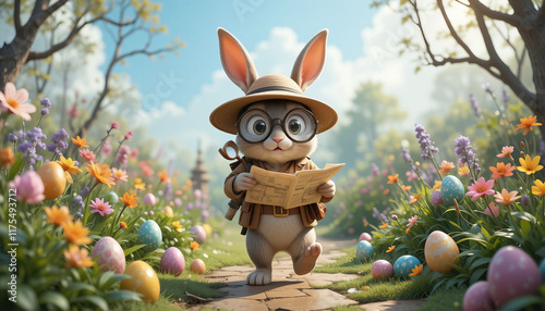 Adventurous easter bunny equipped with a magnifying glass and map, exploring a vibrant spring garden filled with colorful eggs and blooming flowers.