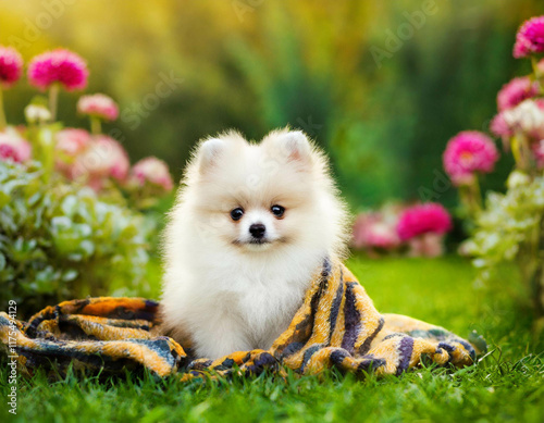 White Pomeranian puppy with a blanket and leaves on the grass in a flower garden