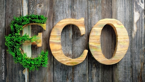 Eco Friendly Wooden Letters with Green Leaves and Moss on Rustic Wooden Background for Sustainability, Nature, and Environment Concepts photo