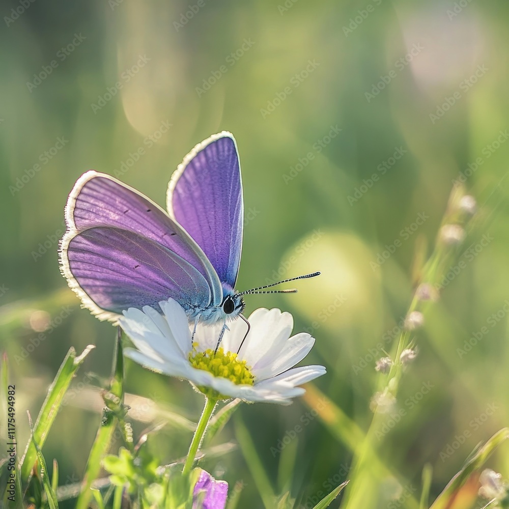 Naklejka premium Purple butterfly on a white daisy in a sunlit meadow.