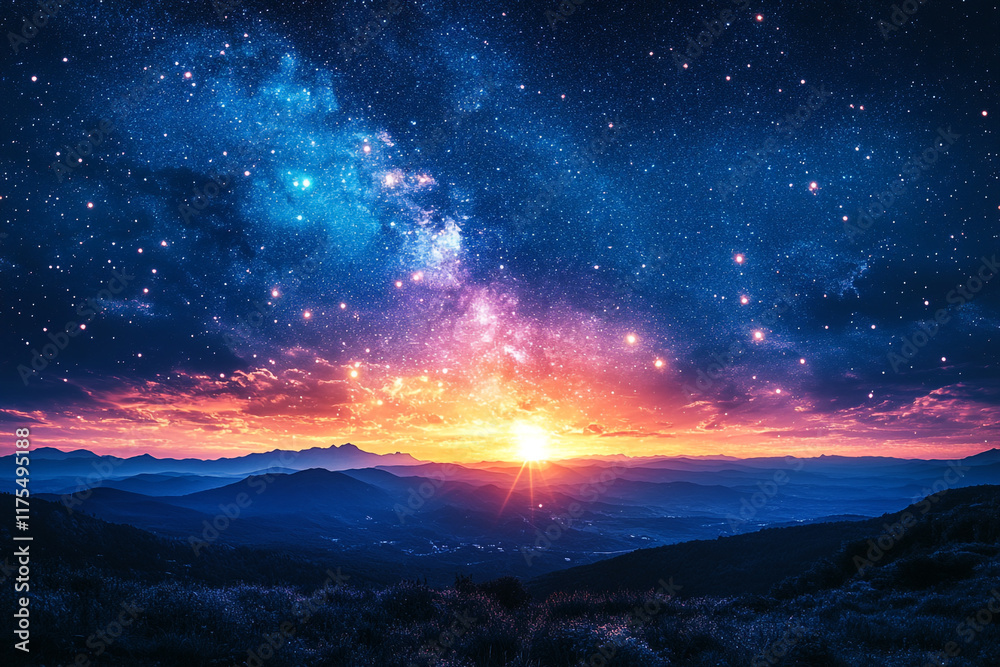 Naklejka premium Majestic Sunset Over Mountain Ranges Under Starry Sky