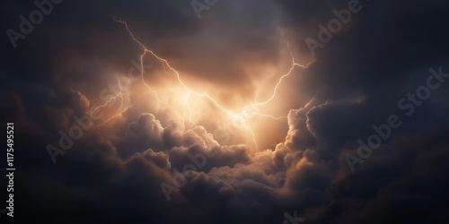 A breathtaking display of vibrant lightning bolts cutting through a dark stormy sky, symbolizing raw power and the awe-inspiring beauty of nature. photo