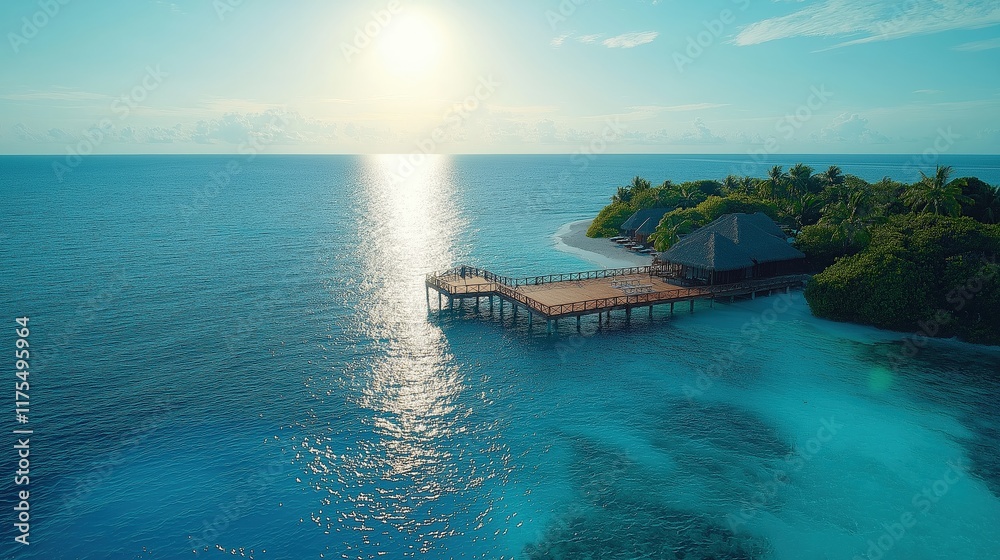 Breathtaking Aerial View of a Stunning Tropical Island with Pier Surrounded by Lush Greenery and Crystal Clear Waters at Sunset Breathtaking Aerial View of a Stunning Tropical Island with Pier Surrounded by Lush Greenery and Crystal Clear Waters at Sunset