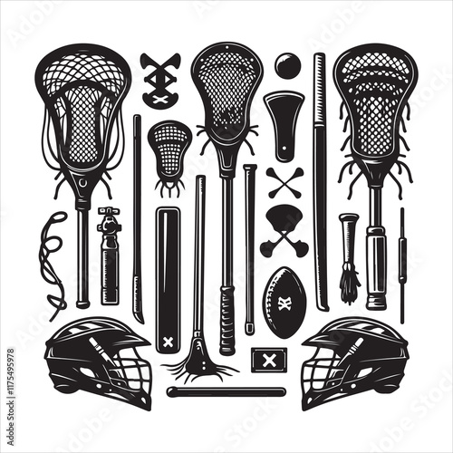 Lacrosse equipment set silhouette. Silhouette set of lacrosse elements vector set on a white background