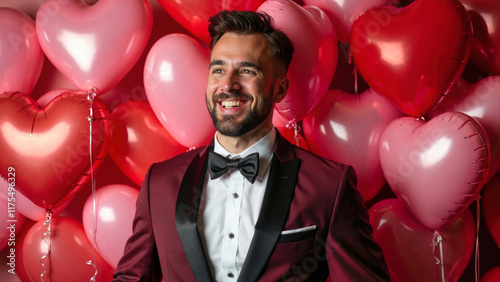 Man In Burgundy Suit With Heart Balloons, Smiling Happily And Celebrating Love In A Festive, Romantic Atmosphere
