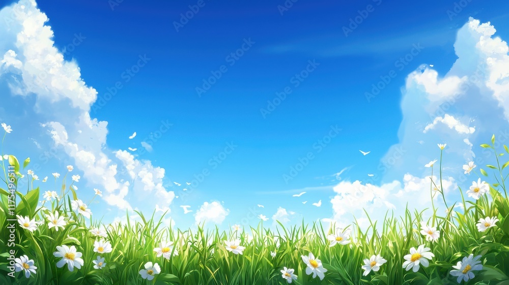 Fototapeta premium A vibrant blue sky with fluffy clouds above a field of green grass dotted with cheerful white flowers.