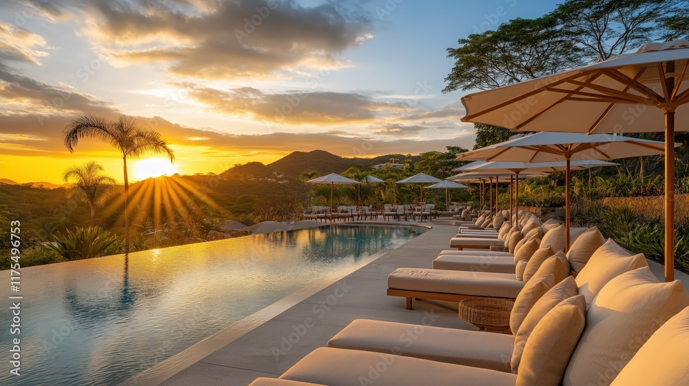 Fototapeta premium Stunning Luxury Hotel Resort with Inviting Swimming Pool Surrounded by Scenic Landscape and Breathtaking Sunset View, Perfect for Relaxation and Escape