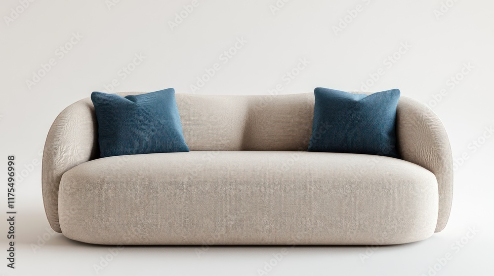 Fototapeta premium Beige curved sofa, teal pillows, studio, minimalist design, interior decor
