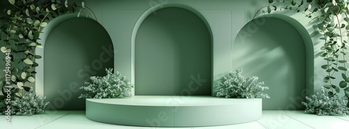 A minimalist podium with eucalyptus leaves and circular arches for product display, rendered in C4D style, showcasing green tones and e-commerce aesthetics