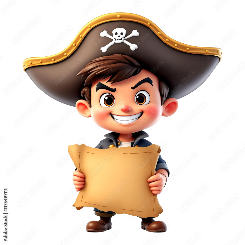 Naklejka premium Adventurous boy in a pirate hat holding a treasure map.