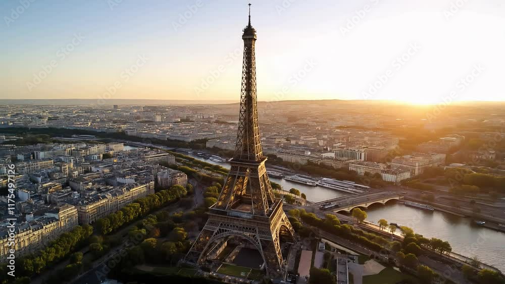 Flying around the Eiffel Tower in Paris during early day hours
