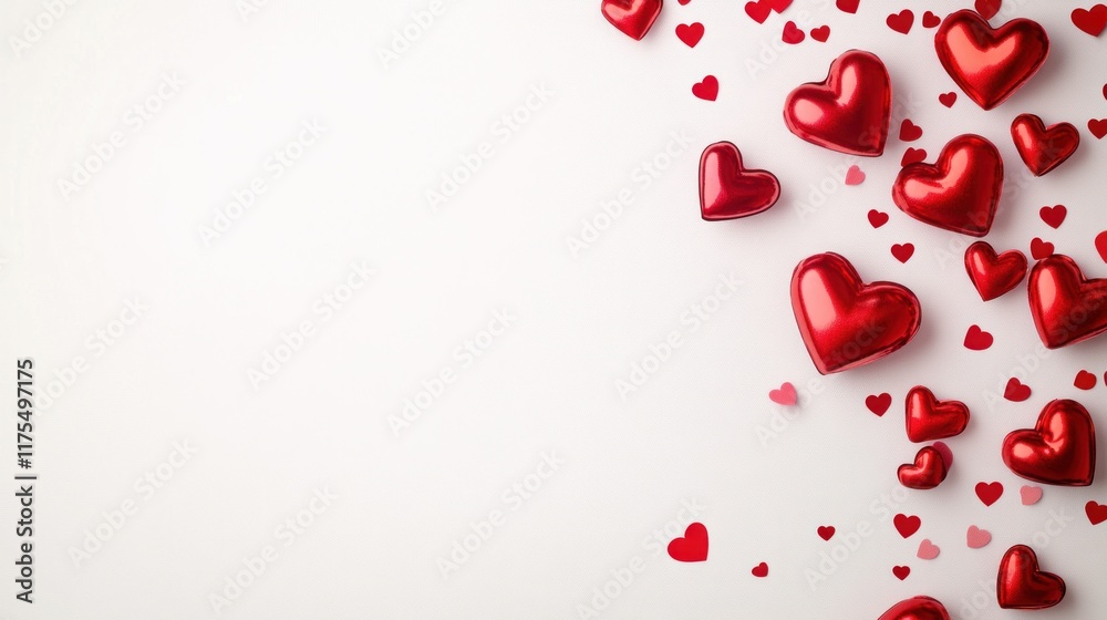 Red hearts scattered on white background.