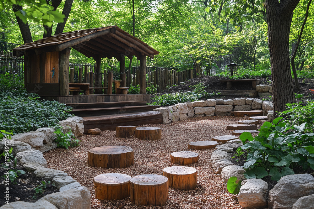 Obraz premium Wooden Pavilion and Stone Pathway in a Lush Forest Setting